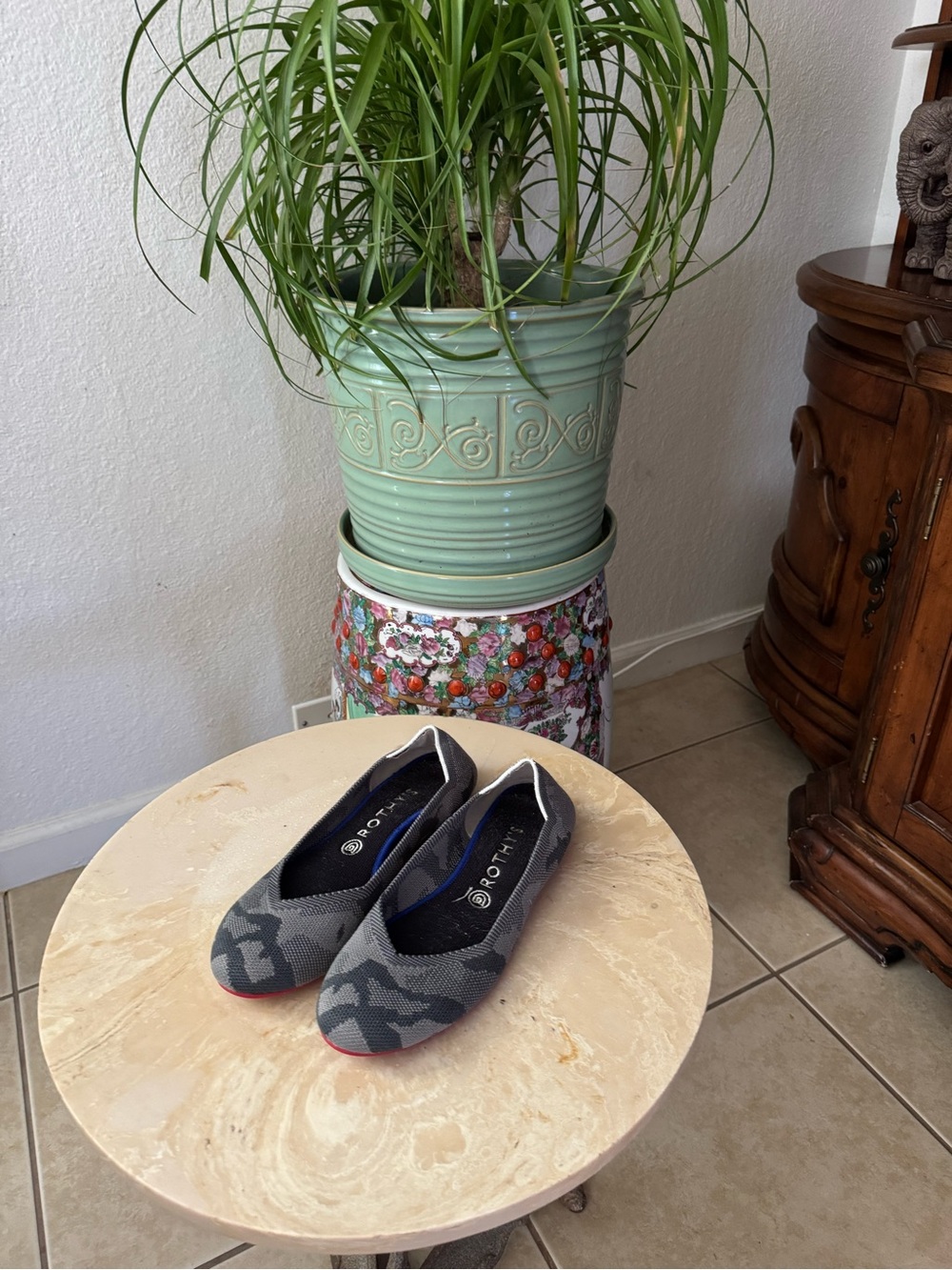 Rothy's Gray Camouflage Knit Ballet Flats with Red Toe Accent